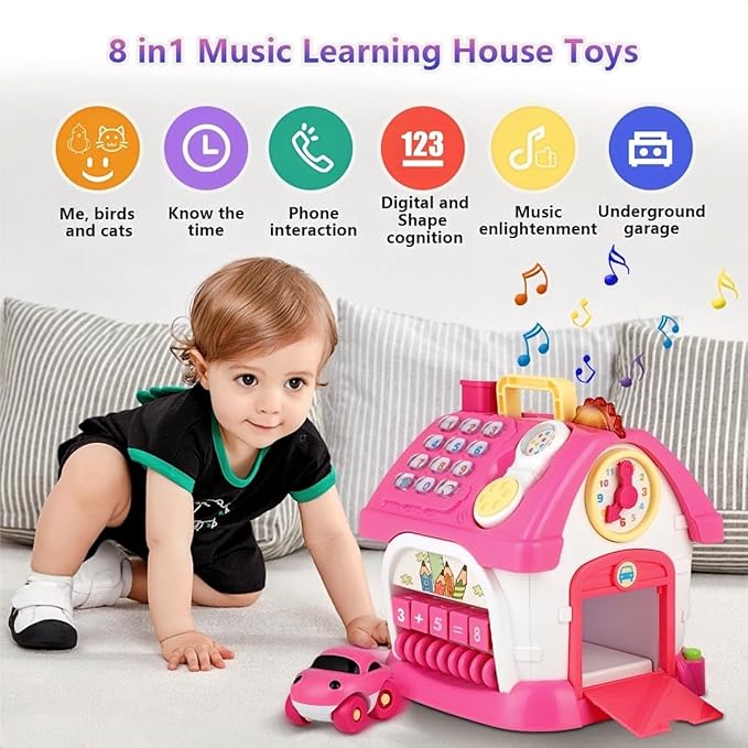 Toys for 1+ Year Old Girls - Montessori 8-in-1 Musical Activity House Toys with Lights, Sounds & Bilingual EN/ES Learning, First Birthday & Xmas Gifts for 1 2 3 Year Old Girl