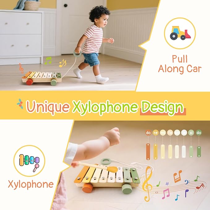 Musical Instruments 7PCS Baby Musical Toys for 18M+ Toddler Boy Girl Toys 2 3 Years Old Wooden Xylophone Maraca Trumpet Rattle, etc. (Storage Bag Included)