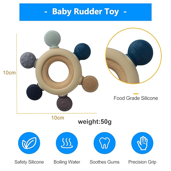 Baby Teething Toys Silicone Teethers BPA Free Silicone Rudder with Wooden Ring Soothe Babies Gums (Gray)
