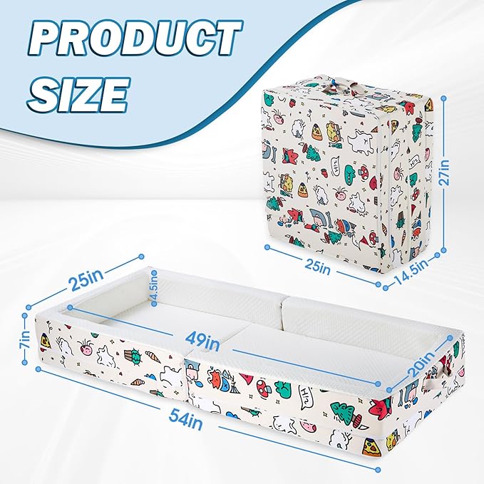 Portable Foldable Toddler Travel Bed – Air Layer Fabric Soft Foam Floor Crib with Safety Rails, No Assembly, Washable Cover, Compact Kids Sleep Solution for Home, Trips & Daycare, Cream