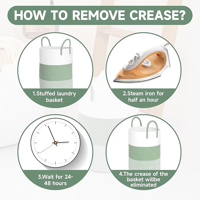 CLHMILY&Z 60L Laundry Basket Round Storage Rope Basket - 15x20.5 Inches - Green Hamper in Bedreoom and Cute Storage Bin for Blankets, Toys, and Nursery Essentials