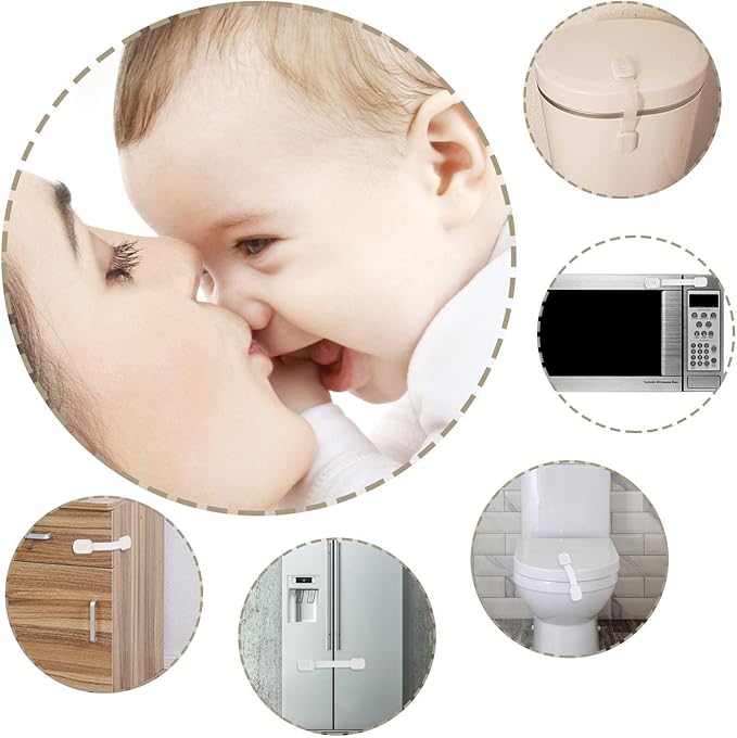 12 Pack Vkania Baby Proofing Cabinet Strap Locks - Child Safety Drawer Cupboard Oven Refrigerator Adhesive Locks - Adjustable Toilets Seat Fridge Latches - Kids Proof Kit - No Drilling