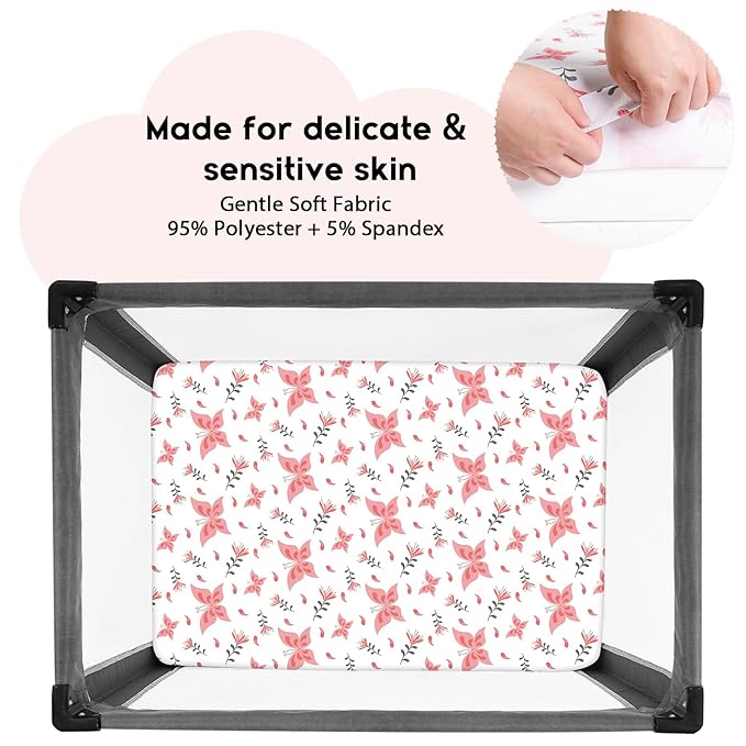 Yoofoss Pack and Play Sheets Fitted, Mini Crib Sheets 2-Pack for Pack N Play Mattress, Stretchy Playard Sheet, Soft and Breathable (Pink + Butterflies)