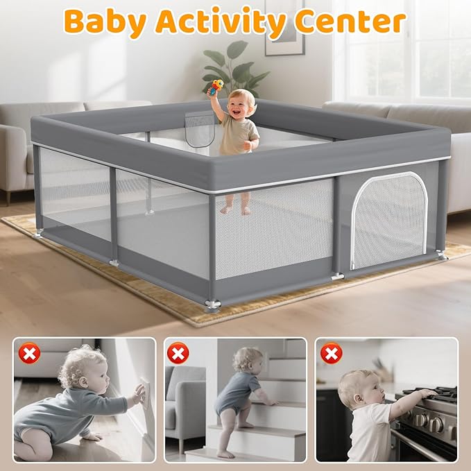 79x71 Inch Baby Playpen - Large Playpen for Babies and Toddlers, Baby Play Yard for Indoor & Outdoor, Toddler Fence Play Area with Skin-Friendly Fabric and Soft Breathable Mesh, Dark Grey