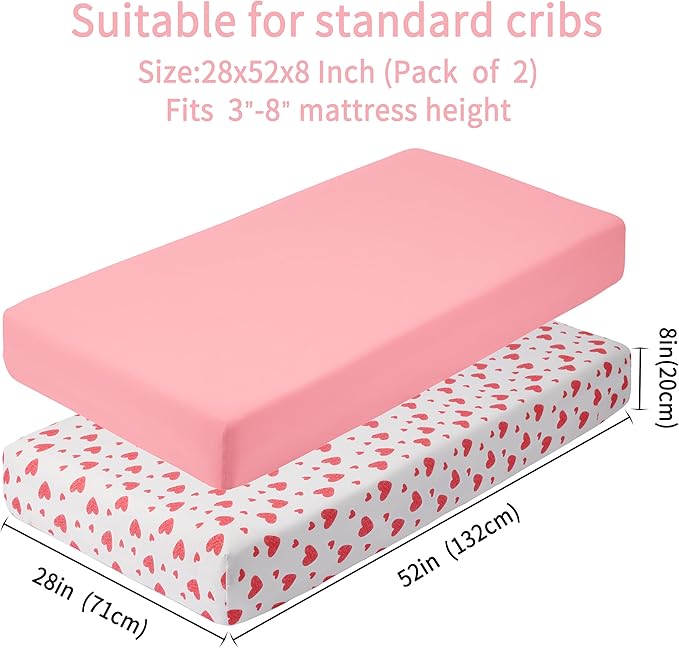Baby Crib Sheets for Boys Girls, 2 Pack Fitted Crib Sheet for Standard Crib and Toddler Mattress, Soft Microfiber Baby Sheet 52x28x8in. (Love & Pink)
