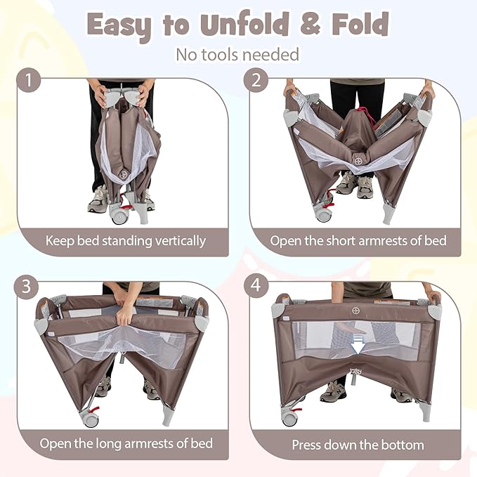 BABY JOY 5-in-1 Pack and Play, Portable Baby Bedside Sleeper with Bassinet, U-Shaped Diaper Changer, Safety Strap, Side Zipper Entrance, Bedside Crib Playard from Newborn to Toddlers (Coffee)