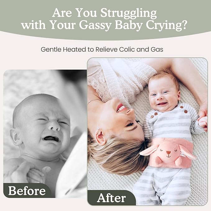 Baby Colic and Gas Relief, Heated Tummy Wrap for Newborns Belly Relief by Soothing Warmth, Baby Heating Pad Swaddling Belt Relief & Soothe Gas, Colic and Upset Stomach for Newborns to Toddler (Bunny)