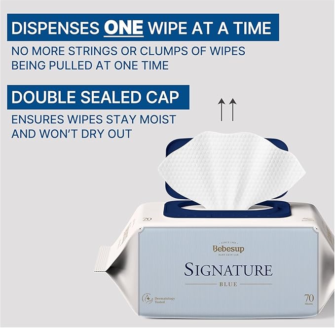 BEBESUP- Korea’s #1 Signature Baby Wipes - Hypoallergenic Water-based Unscented Alcohol-Free Ultra-Thick Super Seed Extracts Organic Plant-Based for sensitive skin Flip-Top (70 Count 1 Pack)