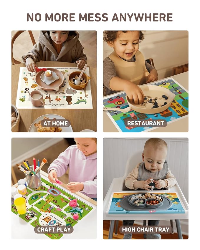 Babebay Disposable Stick-on Placemats 60 Pack for Baby & Kids & Toddler, Sticky Placemats Restaurant Table Mats 12" x 18" (Animal Alphabet)