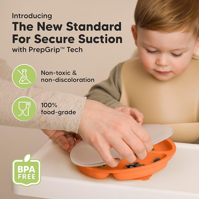 KeaBabies Suction Plates with Lids for Baby - 3-Pack 100% Silicone Toddler Plates with Suction, Divided, BPA-Free Baby Led Weaning Essentials for Kids, Dishwasher, Microwave Safe, Durable (Amaze)