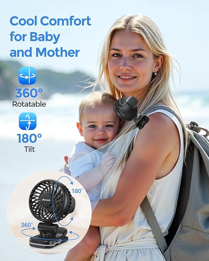 AMACOOL Mini Baby Fan with Clip for Carrier/Baby Car Seat/Bassinet, 3-Speed Portable Fan, 10H Cooling Rechargeable, Ultra Light 0.24 lb, Safe Gaps, 360° Rotatable for Diaper Backpack Stroller Travel