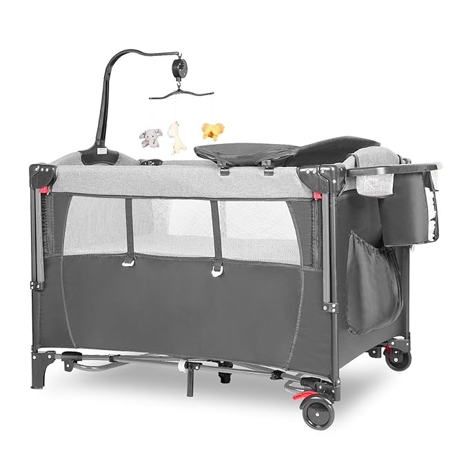 5-in-1 Pack and Play, Baby Bassinet Bedside Sleeper with U-Shaped Diaper Changer, Portable Toddler Playard for Newborn Toddlers, Baby Crib with 4 Adjustable Height, Carry Bag,Easy to Install (Grey)