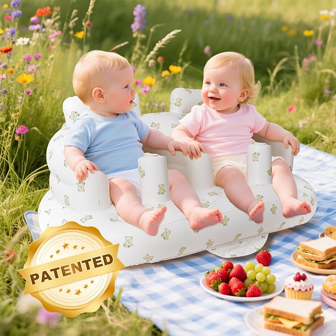 Baby Inflatable Seat for Twins Babies 3 Month and Up, Side-by-Side Double Inflatable Floor Chair for Sitting Up with Built in Air Pump, Blow Up Baby Chair for Infants - Twins Bear