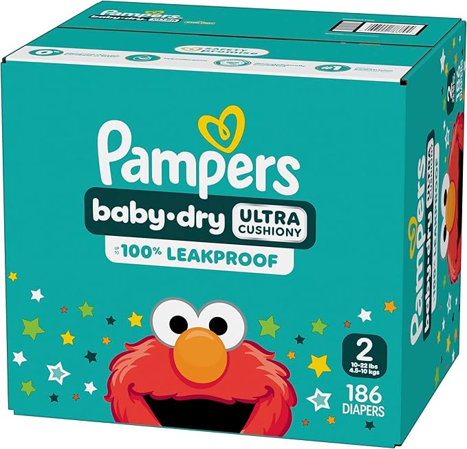 Pampers Diapers - Baby Dry - Size 2, 186 Count, Absorbent Disposable Infant Diaper (Packaging May Vary)
