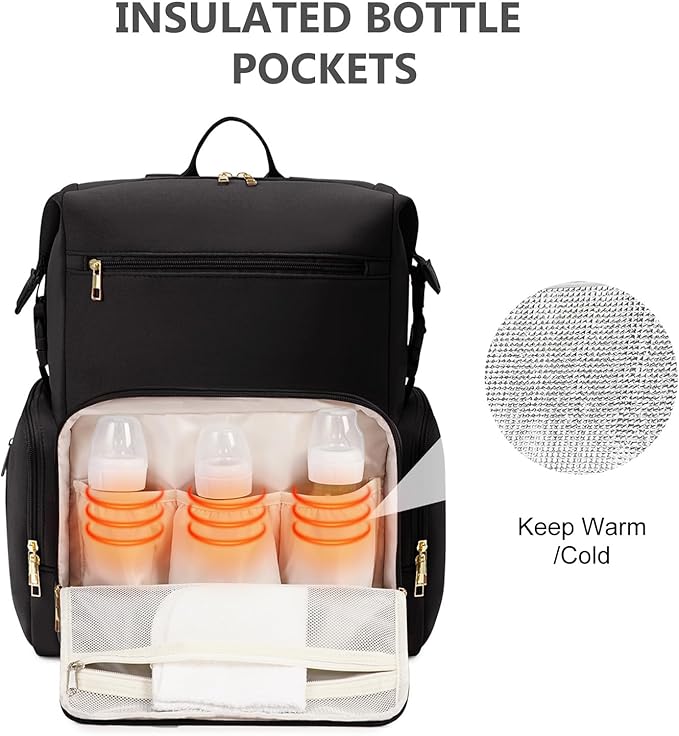 CEI-CEI Neoprene Diaper Bag Backpack with Changing Pad, Large Newborn Baby Maternity Bags Travel Tote with Insulated Pockets (Black)