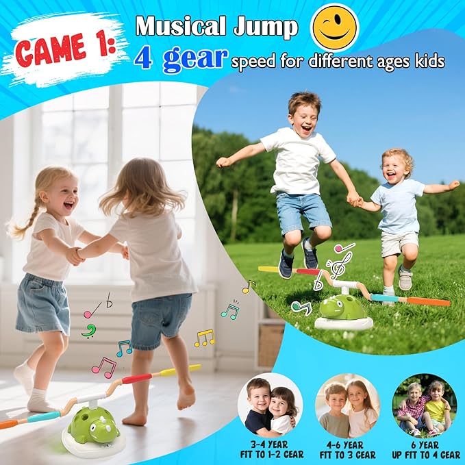 Indoor Outdoor Games for Kids, 3 in 1 Musical Jump, Ring Toss Game & Stomping Rocket Launcher for Kids, Dinosaur Sports & Outside Play Activities Toys with Remote Control for Toddlers 3-5 4-8