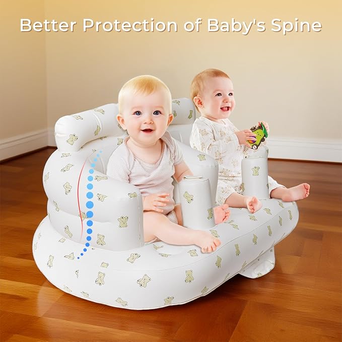 Baby Inflatable Seat for Twins Babies 3 Month and Up, Side-by-Side Double Inflatable Floor Chair for Sitting Up with Built in Air Pump, Blow Up Baby Chair for Infants - Twins Bear