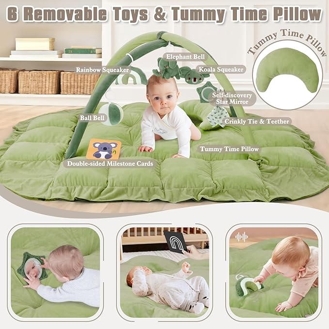 5-in-1 Plush Baby Play Gym, Baby Play Mats, Convertible Baby Gym with Pillow, Tummy time mat, 6 Sensory Toys, Baby Activity Center from Newborn to Toddler, Pet Bed, Cat & Dog Bed, Ball Pit, Green