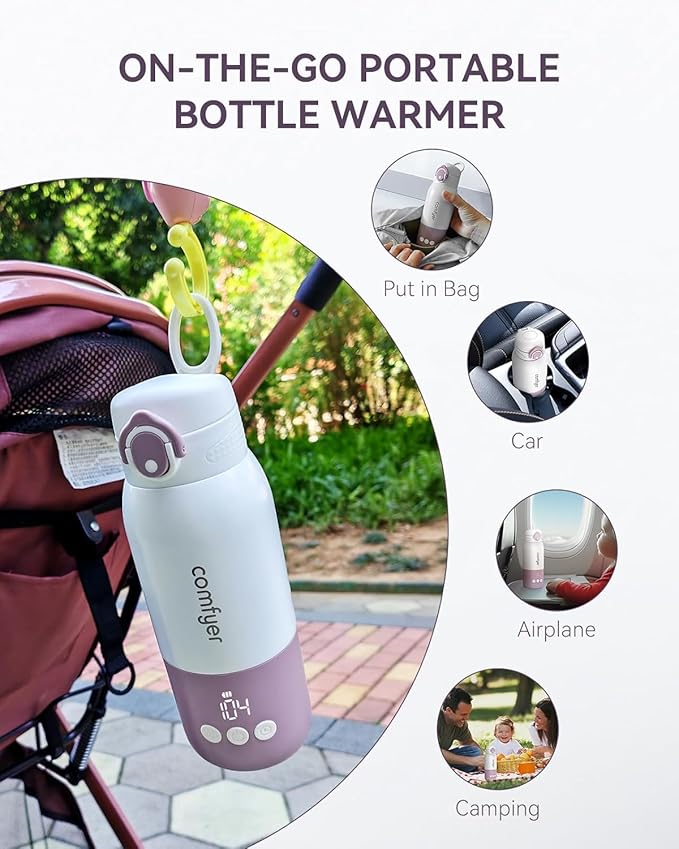 Portable Baby Bottle Warmer for Travel, Portable Milk Warmer with Fast Heating & Long Battery Life, Instant Breast Milk, Formula/Water Bottle with 12 Ounces Big Capacity, Baby Flask for Vehicle