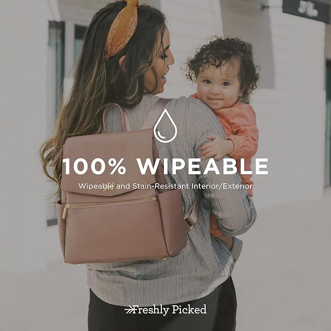 Freshly Picked Mini Classic Diaper Bag Backpack, Wipeable Vegan Leather, 8 Pockets Total (Heather)