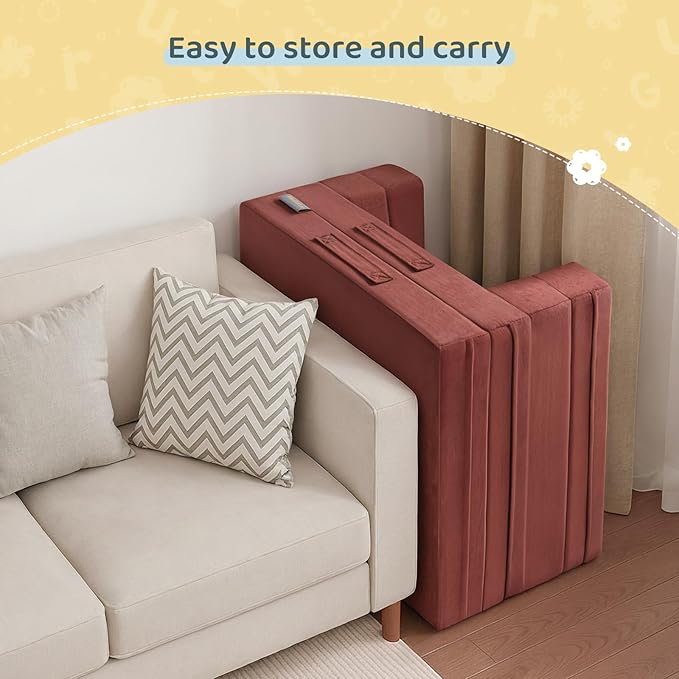 Travel Toddler Bed, 3-in-1 Convertible Sofa Bed for Toddler Portable Floor Beds, Flip Open Sofa Lounger for Girls and Boys, Made with High-Density Foam and Washable Cover,Red