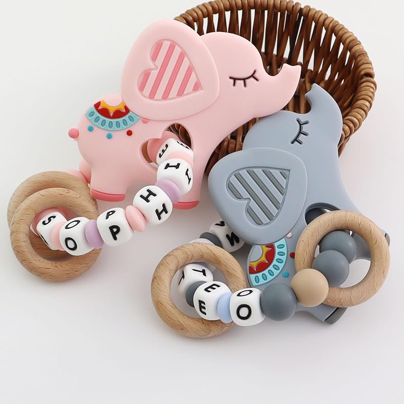 Personalized Baby Teether Rattle with Name – Custom Wooden Teething Toy for Boys & Girls – Handmade Elephant Keepsake Baby Shower Gift (Grey)