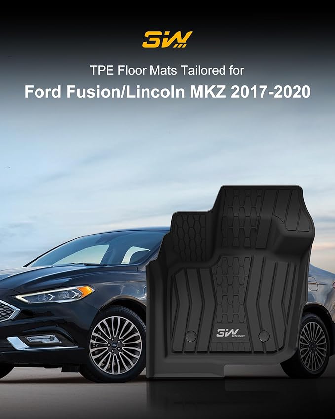 3W Floor Mats Fit 2017-2020 Ford Fusion (Include Hybrid) & Lincoln MKZ All Weather TPE Custom Fit Floor Liner, 1st & 2nd Row Full Set Car Liners Black
