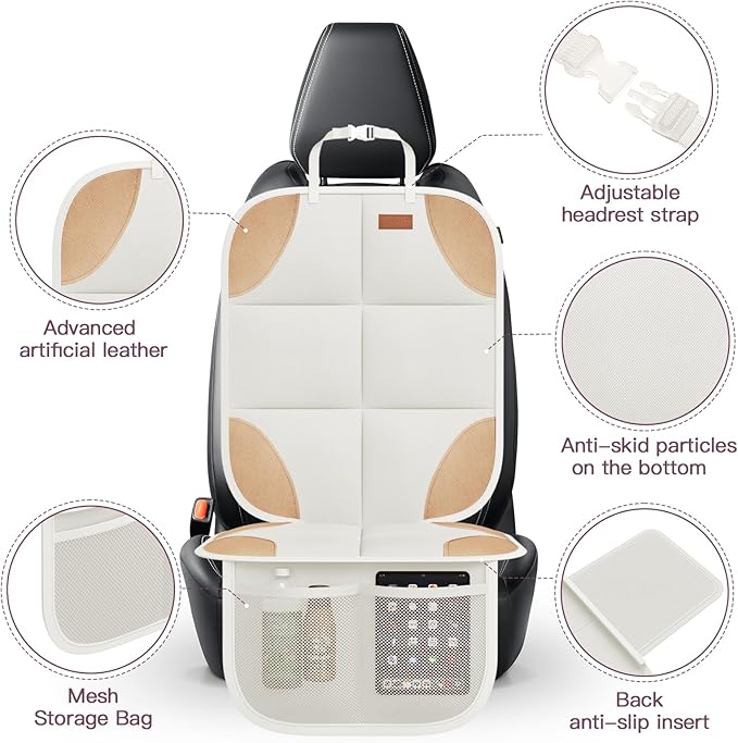 SMART ELF Car Seat Protector, 2Pack Seat Protector Protect Child Seats with Thickest Padding and Non-Slip Backing Mesh Pockets for Baby and Pet,Sedan SUV Truck (Beige Brown)
