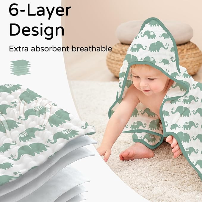 Yoofoss Hooded Baby Towels for Newborn 2 Pack 100% Muslin Organic Cotton Baby Bath Towel with Hood for Babies, Infant, Toddler and Kids, 32x32Inch, Soft and Absorbent Newborn Essential, Green Elephant