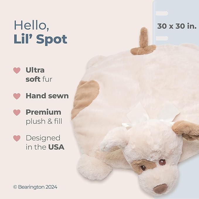 Bearington Baby Lil' Spot Belly Blanket 30"x30" - Beige Plush Puppy Dog Tummy Time Play Mat - Dog Themed Nursery Decor Plush Animal Blanket