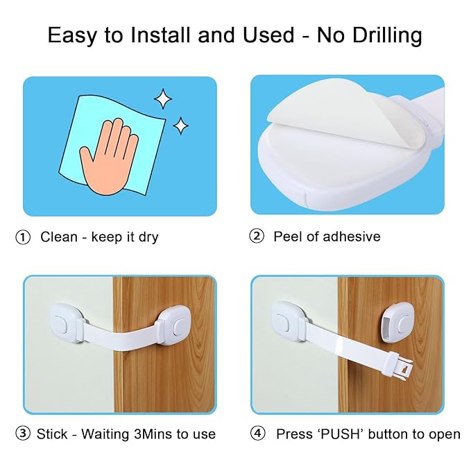 Fursafe&Q Baby Cabinet Locks, Child Safety Cabinet Proofing -Child Safety Strap Locks Adhesive Drawer Fridge Ovens Door Toilet Latches No Drill Multi-Purpose for Furniture Kitchen Lock (White, 2Pack)