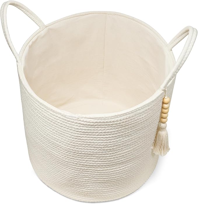 Mkono Woven Storage Basket Decorative Natural Rope Basket Wooden Bead Decoration for Blankets,Toys,Clothes,Shoes,Plant Organizer Bin with Handles Living Room Home Decor, White, 16" W × 13.8" L