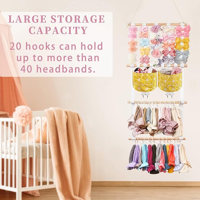 kangaroo Hairband Organizer for Baby Girls, Large Capacity Bow Holder Hair Accessories Wall Hanging Organizer with 20 S-hooks and 2 Pockets, Yellow