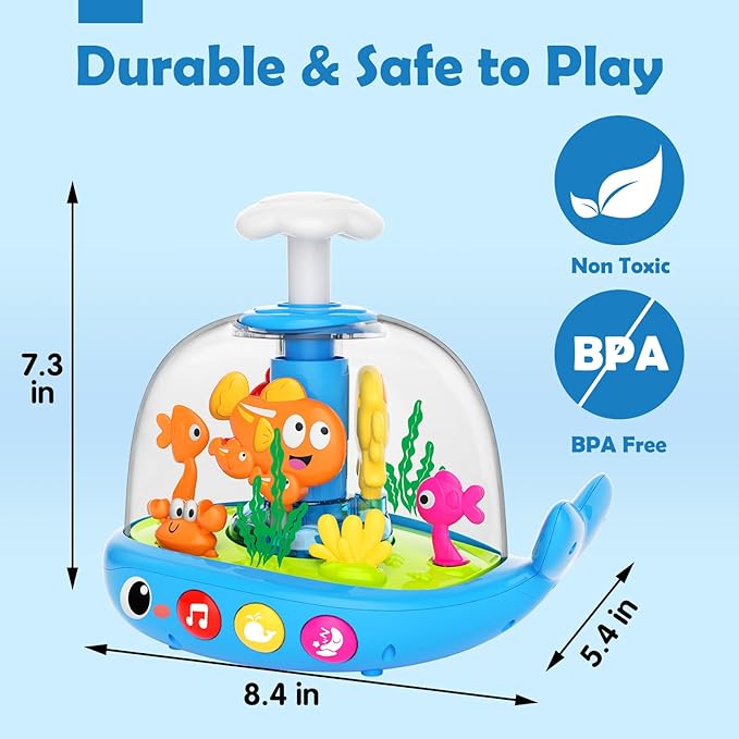 DUPHLAGT Baby Toys 6-12 Months - Toys for 1 Year Old Boy Girl Birthday Gift Press & Spin Aquarium Musical Light Up Infant Toys 12-18 Months - Bilingual Learning Toy for 1 2 Year Old (Blue)