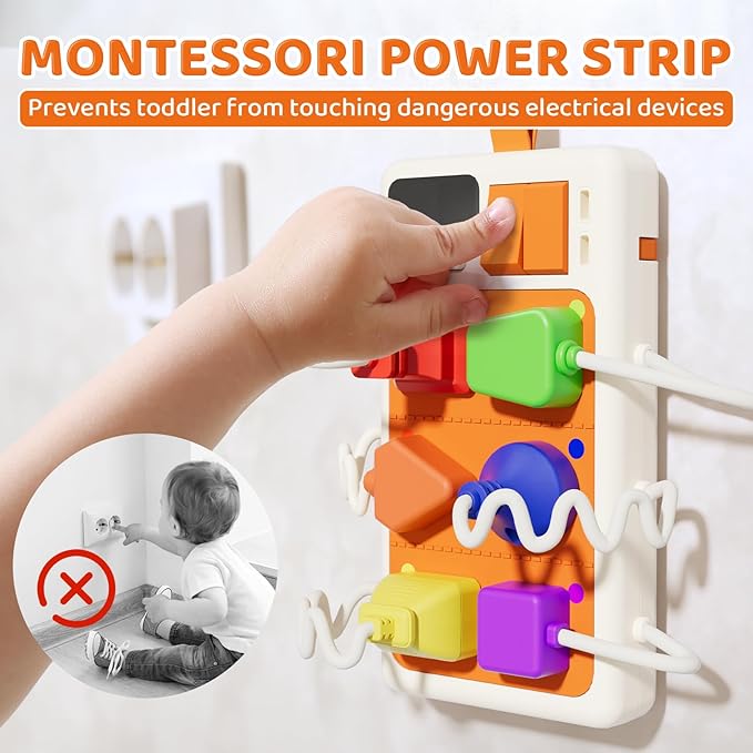 9 PCS Sensory Plug Outlet for Toddlers 1-3, Power Strip Montessori Toys for 1 Year Old, Busy Board with Light & Sounds, Airplane Car Travel Toys Gift for Baby