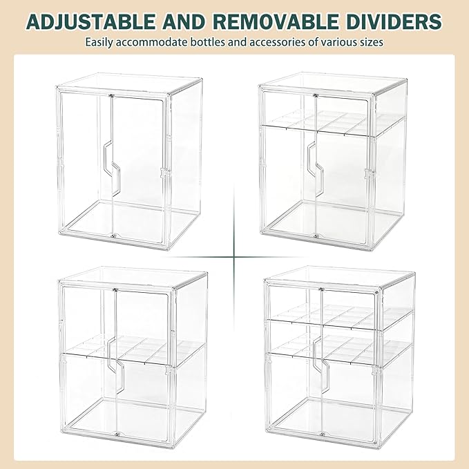 Baby Bottle Organizer, 3-Tier Bottle Storage for Countertop with Double Magnetic Doors, Clear Plastic Bottle Station Organizer with 2 Adjustable Dividers for Kitchen, Bathroom, Cabinet, Vanity