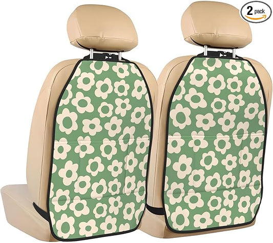 Vintage Groovy Flowers Car Kick Mats Back Seat Protector 2 Pack Auto Seat Back Covers with 3 Organizer Travel Accessories Universal Vehicle Interior from Dirt, Mud
