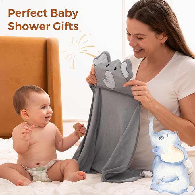Momcozy Cute Elephant Hooded Baby Towel- 8 Piece Bath Essential, 2 x Towels and 6 x Wash Cloth Set- Perfect Shower Gift for Boys or Girls - Soft and Comfort for Newborn, Infant and Toddler