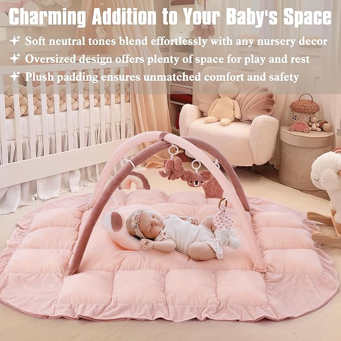 5-in-1 Plush Baby Play Gym, Baby Play Mats, Convertible Baby Gym with Pillow, Tummy time mat, Baby&Ped Bed, 6 Sensory Toys, Activity Center from Newborn to Toddler, Ball Pit, Rectangular Pink
