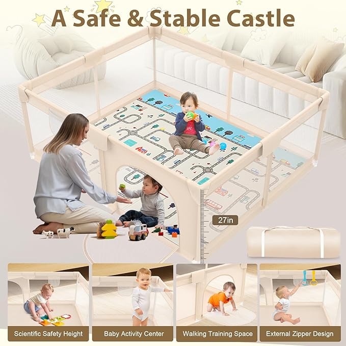 Baby Playpen with Mat 79x71inch - Extra Large Play Pen for Babies and Toddlers Indoor & Outdoor Baby Playard with Soft Breathable Mesh Cover - Sturdy Foam Infant Gate Playpen(Apricot)