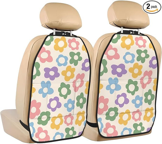 Vintage Groovy Flowers Car Kick Mats Back Seat Protector 2 Pack Auto Seat Back Covers with 3 Organizer Travel Accessories Universal Vehicle Interior from Dirt, Mud