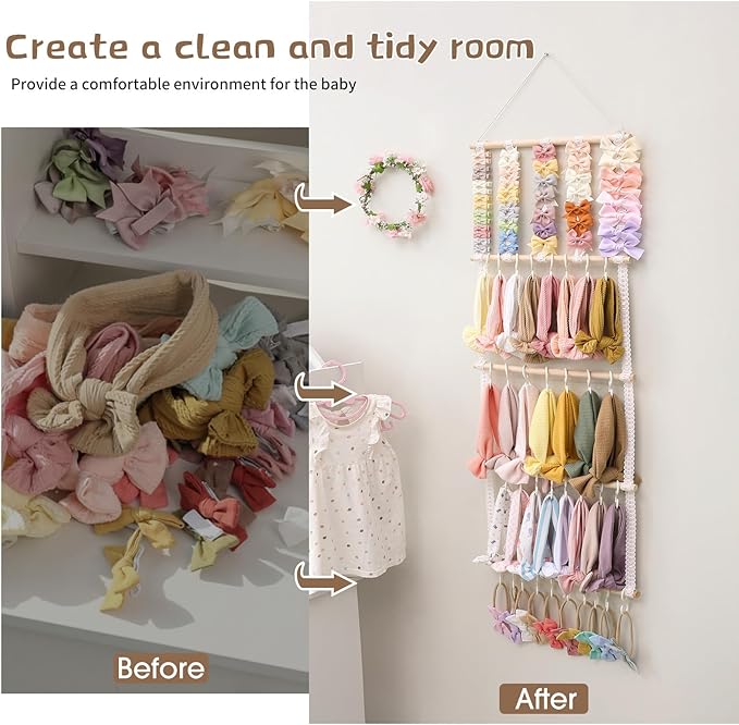POVETIRE Headband Holder Hair Bows Organizer for Girls, Baby Headbands Hair Accessories Organizer Storage Wall Hanging Decor for Toddler Girls Room (Pink ribbon - 4 Tier)