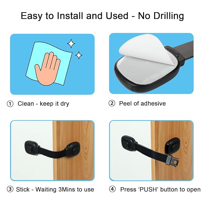 Fursafe&Q Cabinet Locks Baby Proofing, Child Safety Strap Locks Adhesive Black - Child Proof Fridge Lock Drawer Door Toilet Latches No Drill Multi-Purpose for Furniture Kitchen Lock