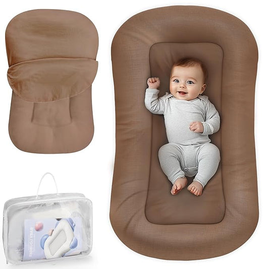 Baby Lounger - Baby Lounger for Newborn, 0-24 Months, Infant Lounger for Home and Travel, Soft Cotton, Baby Nest Lounger, Newborn Babies Essentials Gifts, Brown (Lounger Cover Included)