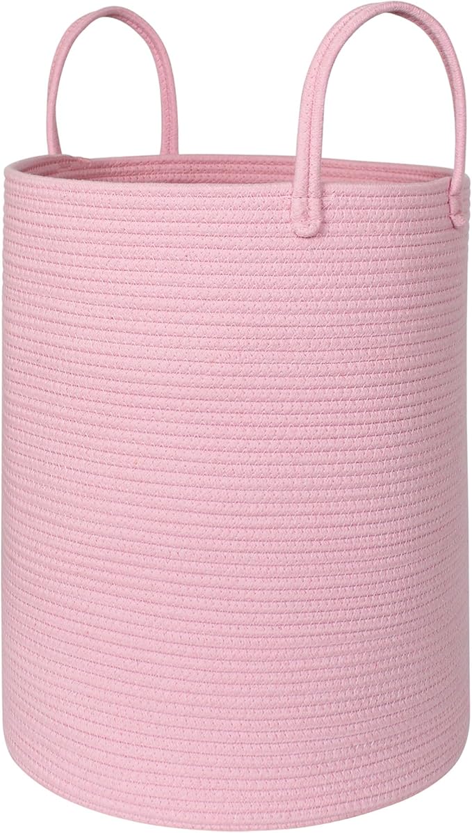 Large Pink Laundry Basket, 15"x18" Tall Blanket Storage for Living Room, Woven Cotton Rope Laundry Hamper for Girls Baby, Pink Room Decor Aesthetic, Decorative Clothes Hamper for Towels Toys