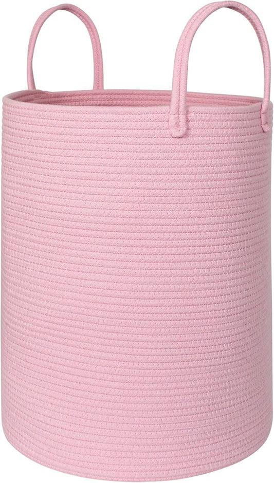 Large Pink Laundry Basket, 15"x18" Tall Blanket Storage for Living Room, Woven Cotton Rope Laundry Hamper for Girls Baby, Pink Room Decor Aesthetic, Decorative Clothes Hamper for Towels Toys