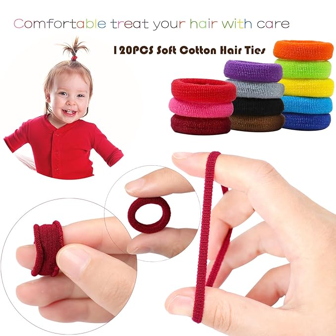 WillingTee 120 Pcs Baby Hair Ties, Cotton Toddler Hair Ties for Girls and Kids, Multicolor Small Seamless Hair Bands Elastic Ponytail Holders,Bright Color