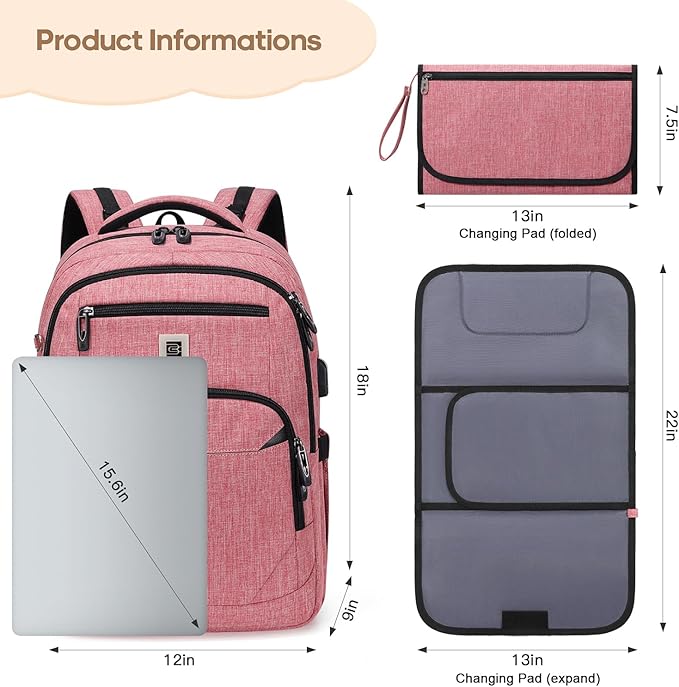 Diaper Bag Backpack, Multi function Baby Bag with Portable Changing Pad, Pacifier Holder,Waterproof Diaper Bags with USB Charging Port,Baby Essentials Perfect Baby Shower Gifts for Mom, Dad, Newborn