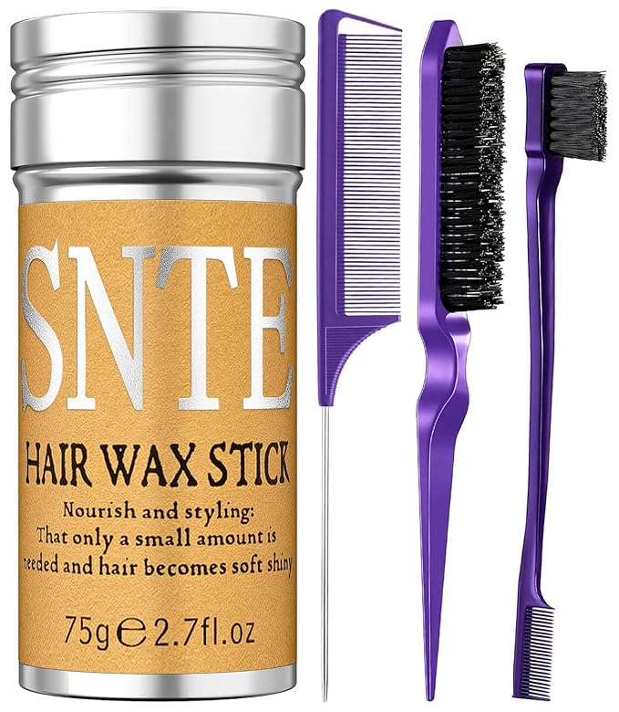 Slick Back Hair Brush (Purple), Hair Wax Stick Set, Taming Flyaways for Sleek Ponytail & Bun Styling, Hair Accessories for Teen Girls, Kids, and Women