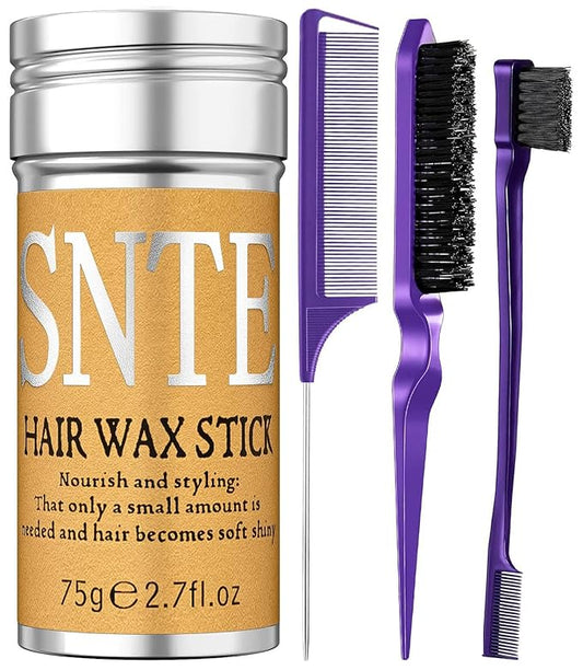 Slick Back Hair Brush (Purple), Hair Wax Stick Set, Taming Flyaways for Sleek Ponytail & Bun Styling, Hair Accessories for Teen Girls, Kids, and Women